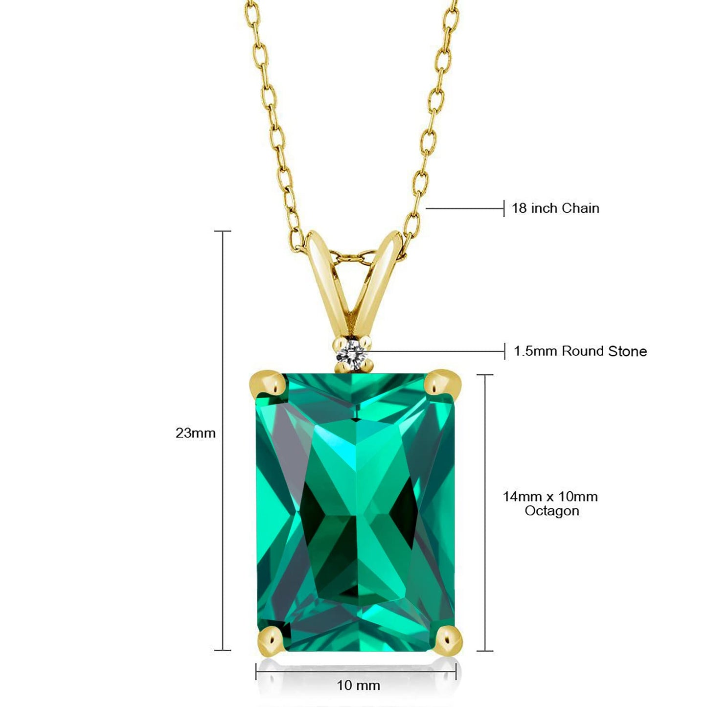 Gem Stone King 18K Yellow Gold Plated Silver Green Nano Emerald and White Diamond Pendant Necklace For Women (6.52 Cttw, Gemstone May Birthstone, Emerald Cut 14X10MM, with 18 Inch Silver Chain)