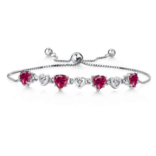 Gem Stone King 925 Sterling Silver Red Created Ruby and White Lab Grown Diamond Bracelet For Women (3.88 Cttw, Heart Shape 6MM, Fully Adjustable Up to 9 Inches)