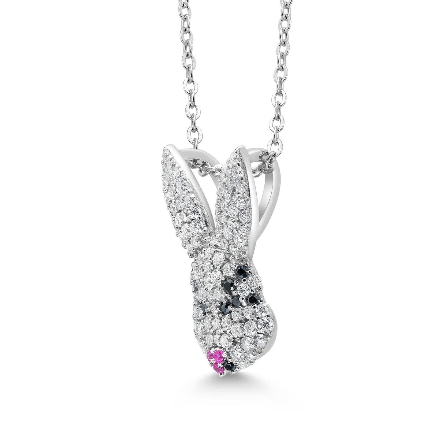 Gem Stone King 925 Sterling Silver Rabbit Bunny Animal White Moissanite Created Ruby and Black Spinel Pendant Necklace For Women Keren Hanan (0.83 Cttw, 19X13MM, with 18 Inches Silver Chain)