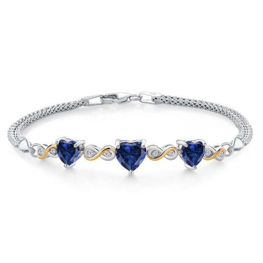 Gem Stone King 925 Sterling Silver and 10k Yellow Gold Blue Created Sapphire and White Lab Grown Diamond Bracelet For Women (2.78 Cttw, Heart 7MM and 6MM, 6.5/7/7.5 Inch, Made In Italy)