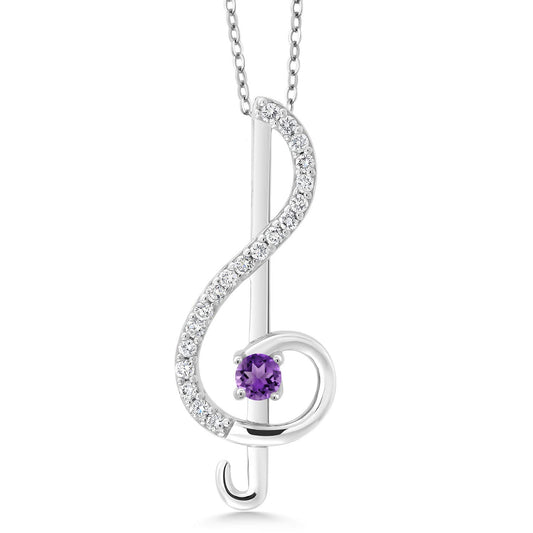 Gem Stone King 925 Sterling Silver Treble Clef Purple Amethyst Pendant Necklace Music Note Jewelry Gift For Women By Keren Hanan (0.29 Cttw, with 18 Inch Silver Chain)