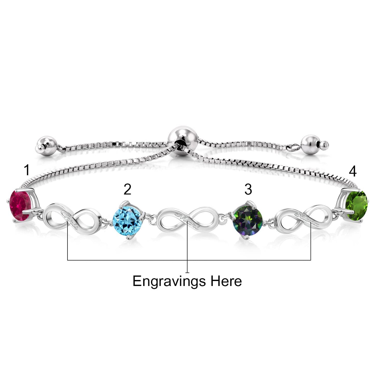 Gem Stone King 925 Sterling Silver Build Your Own Personalized Engraved Custom 4-Stone Birthstones Keren Hanan Adjustable Infinity Tennis Bracelet For Women