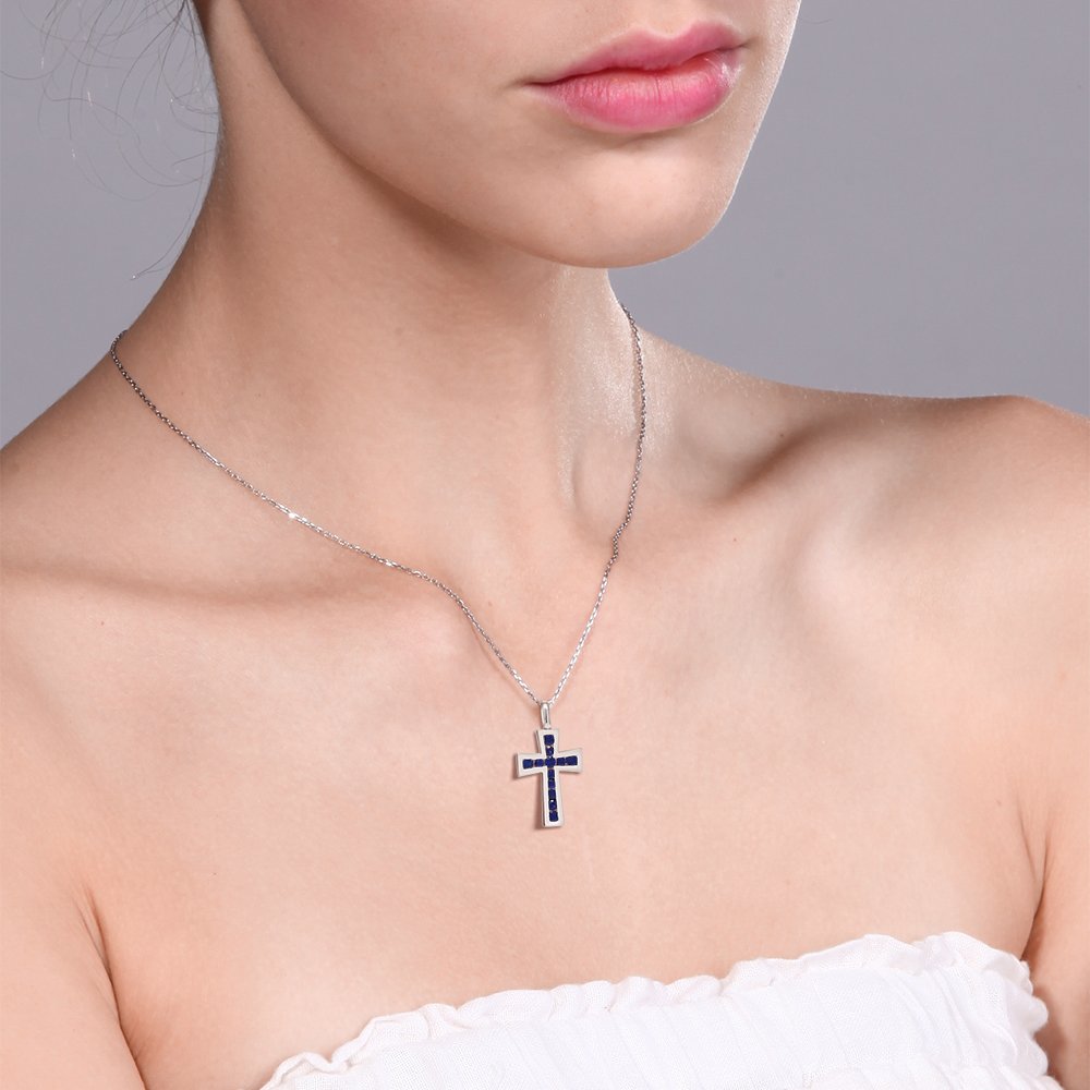 Gem Stone King 10K Solid White Gold Blue Sapphire or Red Ruby Cross Pendant Necklace (1/2 Cttw, Gemstone Birthstone, Length 0.5 Inch, With 18 Inch 10K Gold Chain)