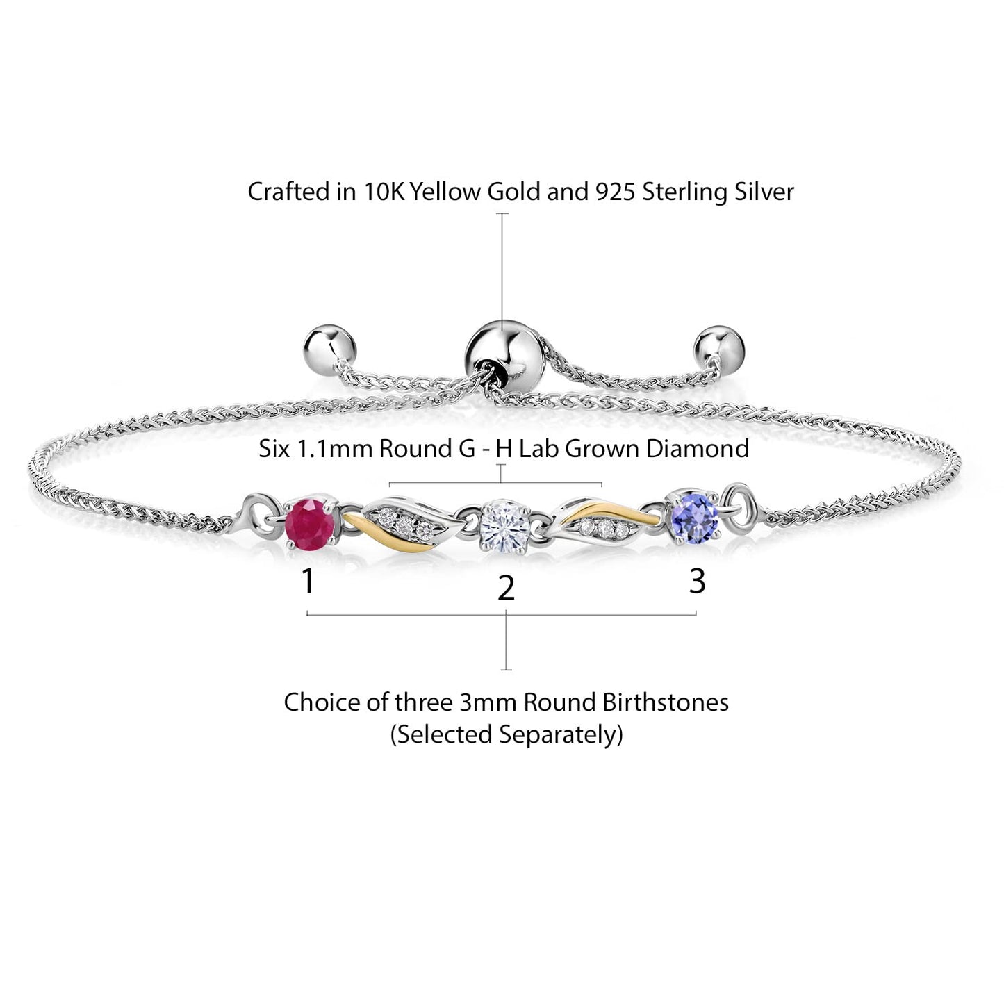 Gem Stone King 925 Silver and 10K Yellow Gold Customized and Personalized 3-Stone 3MM Round Gemstone Birthstone and White Lab Grown Diamond Tennis Bracelet For Women