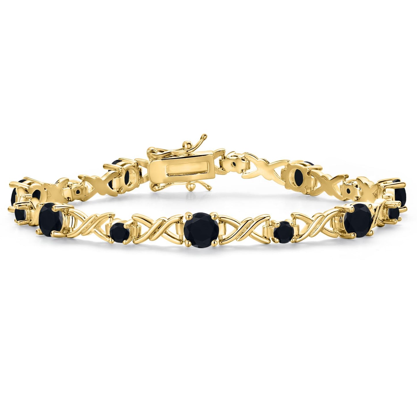 Gem Stone King 18K Yellow Gold Plated Black Onyx Tennis Bracelet For Women | 4.03 Cttw | Gemstone December Birthstone | Round 5MM and 3MM | 6.5 Inch