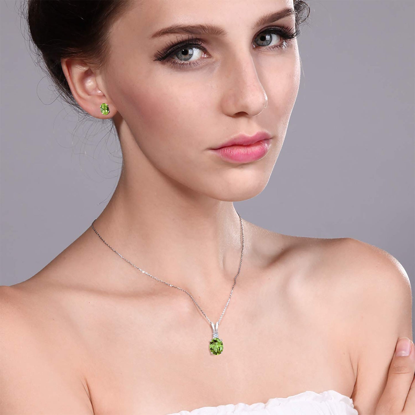 Gem Stone King 925 Sterling Silver Green Peridot Pendant and Earrings Jewelry Set For Women (2.98 Cttw, Oval Gemstone Birthstone, with 18 Inch Silver Chain)