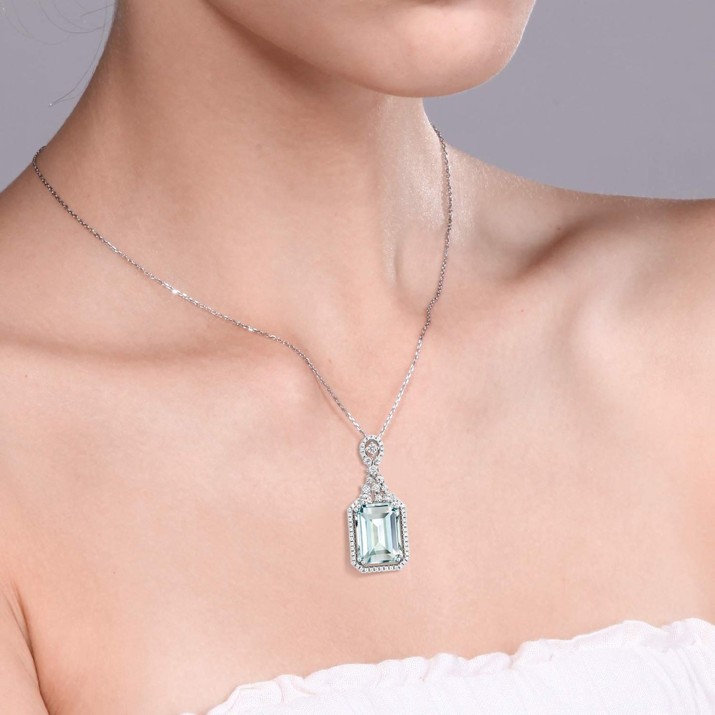 Gem Stone King 7.24 Cttw Sky Blue Simulated Aquamarine Necklace In 925 Sterling Silver | Emerald Cut 14X10MM Pendant Necklace For Women | With 18 Inch Silver Chain