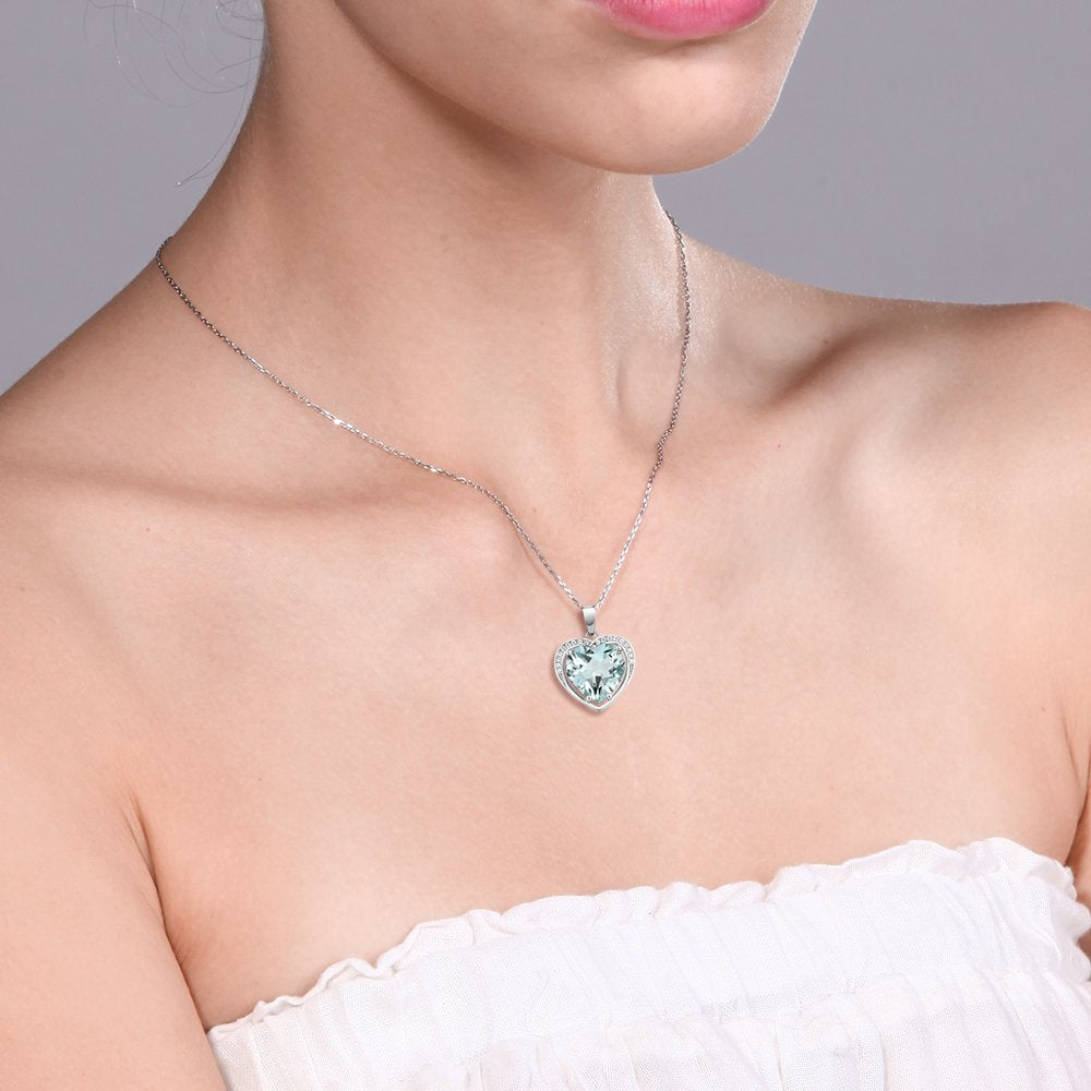 Gem Stone King 925 Sterling Silver Simulated Aquamarine Pendant Necklace For Women (3.00 Cttw, Heart Shape 10MM, With 18 Inch Silver Chain)