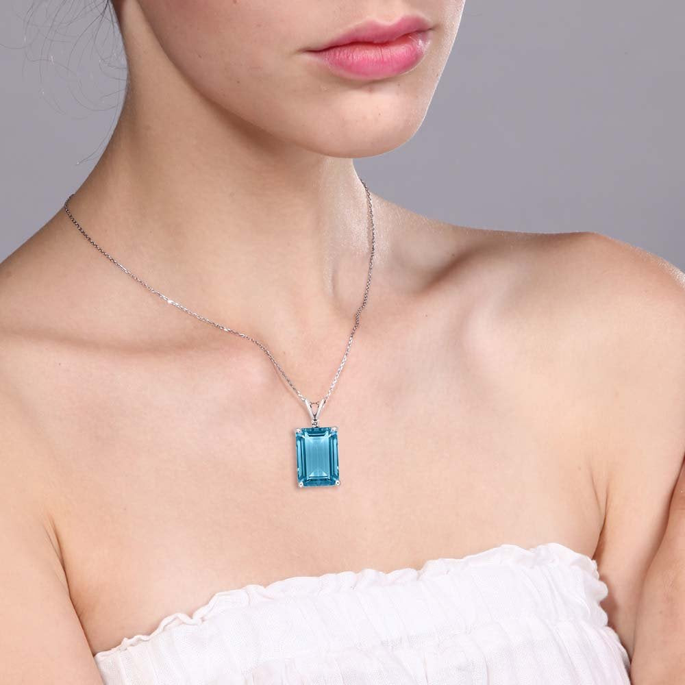 Gem Stone King 925 Silver Swiss Blue Topaz and White Topaz Pendant Necklace For Women (9.72 Cttw, Gemstone November Birthstone, Emerald Cut 14X10MM, with 18 Inch Silver Chain)