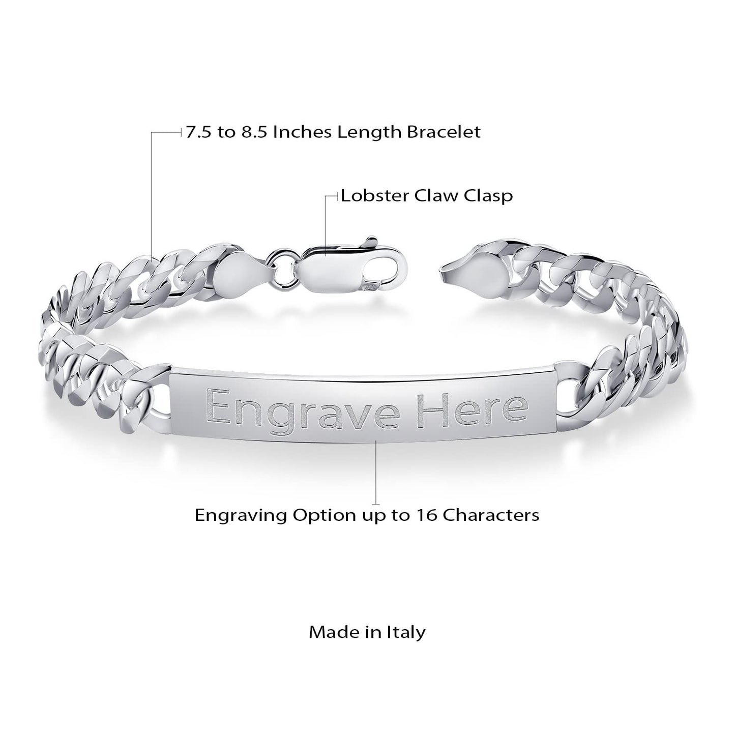 Gem Stone King Men's 925 Sterling Silver Personalized Engravable ID Name Bracelet For Men | Curb Chain 7.5, 8 or 8.5 Inch | 7MM Wide | Lobster Clasp | Made in Italy