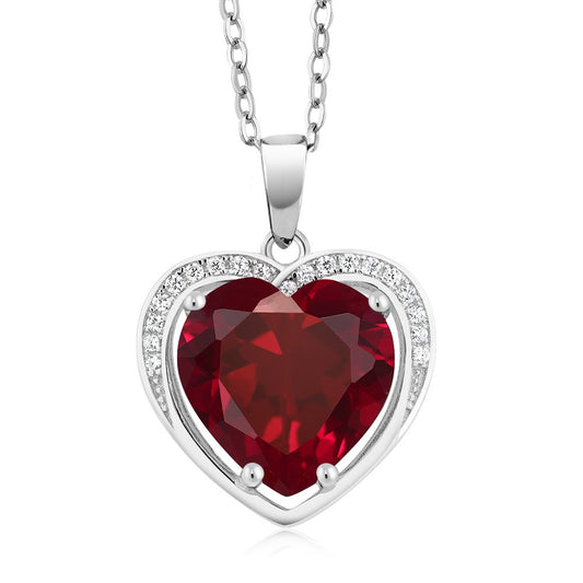 Gem Stone King 925 Sterling Silver Created Ruby Pendant Necklace For Women (4.25 Cttw, Heart Shape 10MM, With 18 Inch Silver Chain)