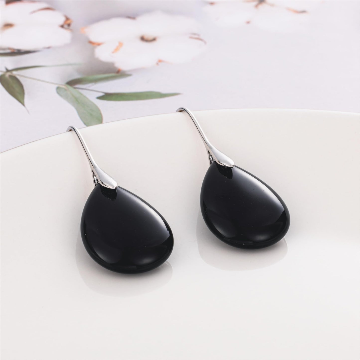 SELOVO Black Agate Stone Teardrop Fishhook Dangle Drop Earrings Silver Tone