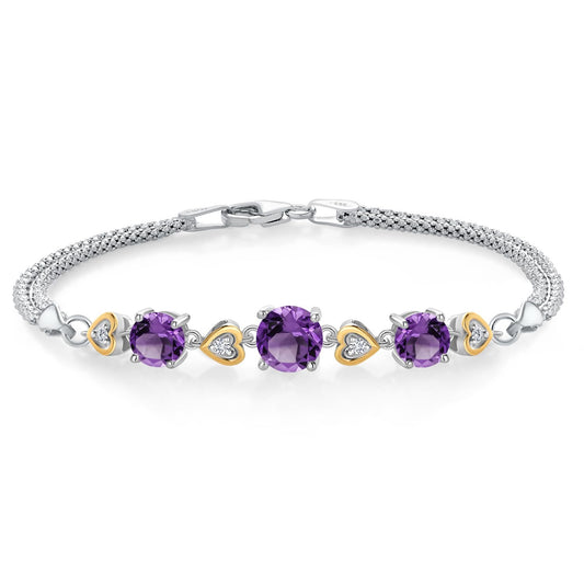 Gem Stone King 925 Sterling Silver and 10k Yellow Gold Purple Amethyst and White Lab Grown Diamond Bracelet For Women (3.28 Cttw, Round 7MM and 6MM, 6.5/7/7.5 Inch, Made In Italy)