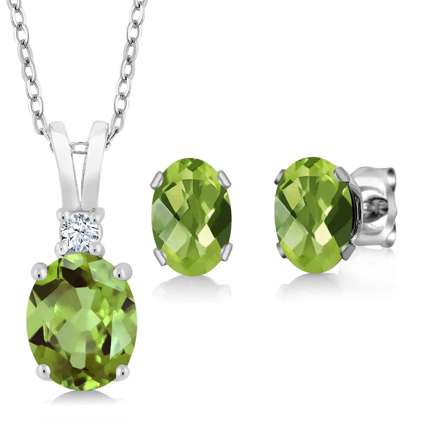 Gem Stone King 925 Sterling Silver Green Peridot Pendant and Earrings Jewelry Set For Women (2.98 Cttw, Oval Gemstone Birthstone, with 18 Inch Silver Chain)