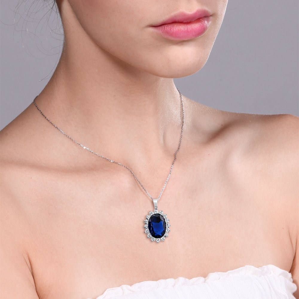 Gem Stone King 13.00 Cttw Blue Simulated Sapphire Pendant Necklace For Women | 925 Sterling Silver | Oval 13X18MM | Fine Jewelry Gifts for Her Mom Women Wife | With 18 Inch Silver Chain