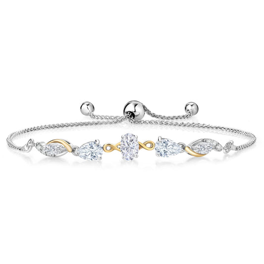 Gem Stone King 925 Sterling Silver and 10K Yellow Gold White Moissanite and White Lab Diamond Tennis Bracelet By Keren Hanan For Women (1.54 Cttw, Fully Adjustable Up to 9 Inch)