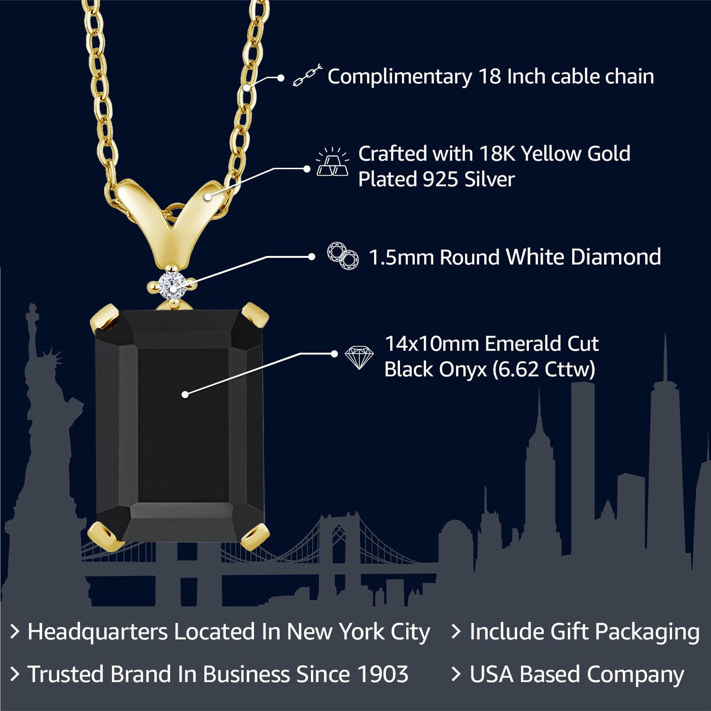 Gem Stone King 6.62 Cttw Black Onyx and White Diamond Jewelry Pendant Necklace For Women Set In 18K Yellow Gold Plated Silver | Gemstone Birthstone | 14X10MM Emerald Cut | With 18 Inch Chain