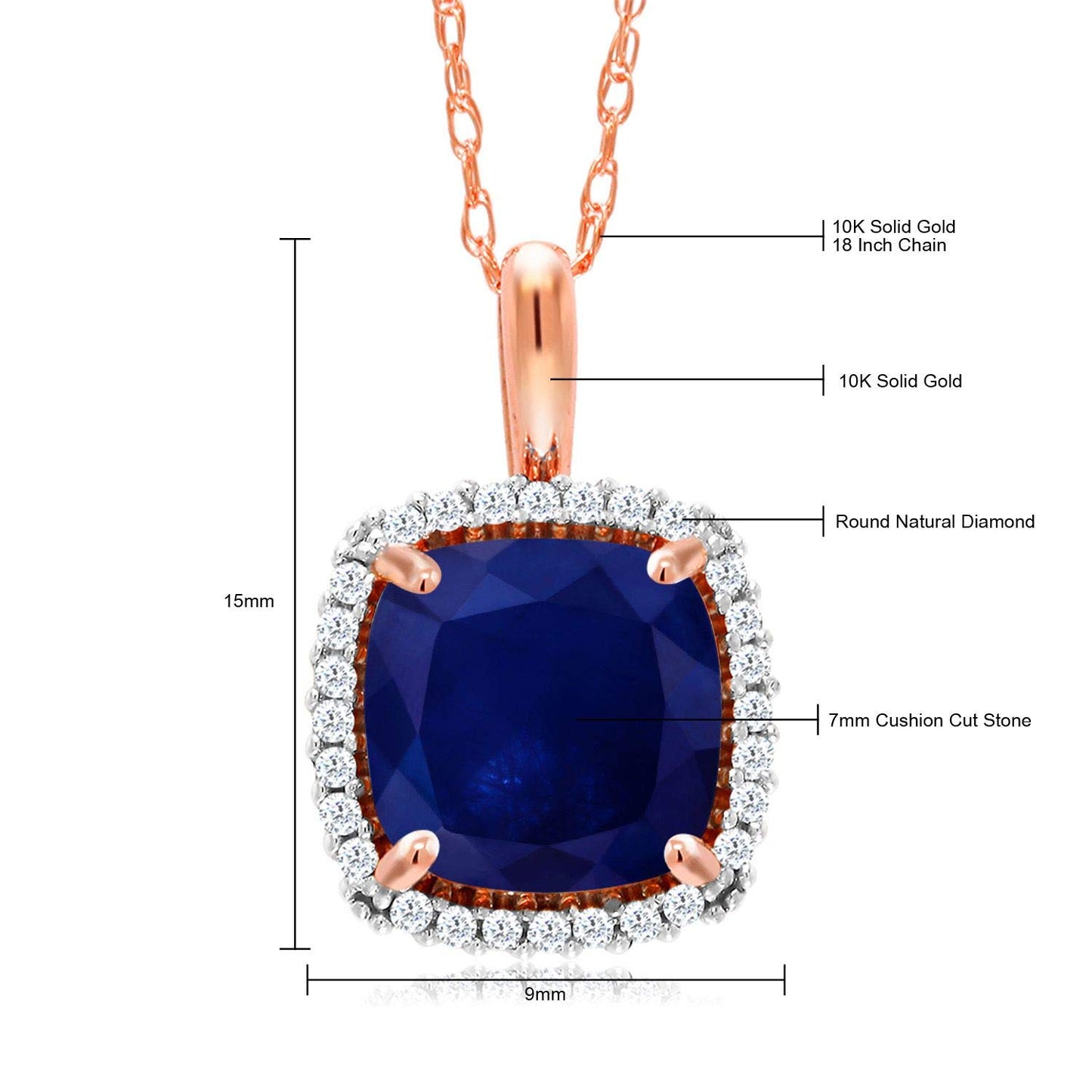 Gem Stone King 10K Rose Gold Gemstone Birthstone and White Diamond Halo Pendant Necklace | Cushion Cut 7MM | Rose Gold Necklace for Women | With 18 Inch Chain