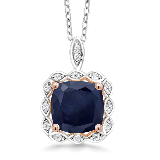 Gem Stone King 925 Sterling Silver Blue Sapphire Pendant Necklace For Women (2.99 Cttw, Cushion 8MM, with 18 Inch Chain) Blue and White