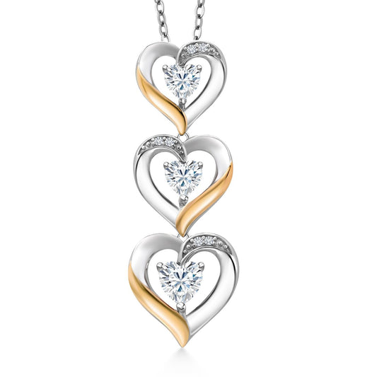 Gem Stone King 925 Silver and 10k Yellow Gold White Moissanite and White Lab Grown Diamond Triple 3 Heart Shape Pendant Necklace For Women (0.88 Cttw, with 18 Inch Chain)