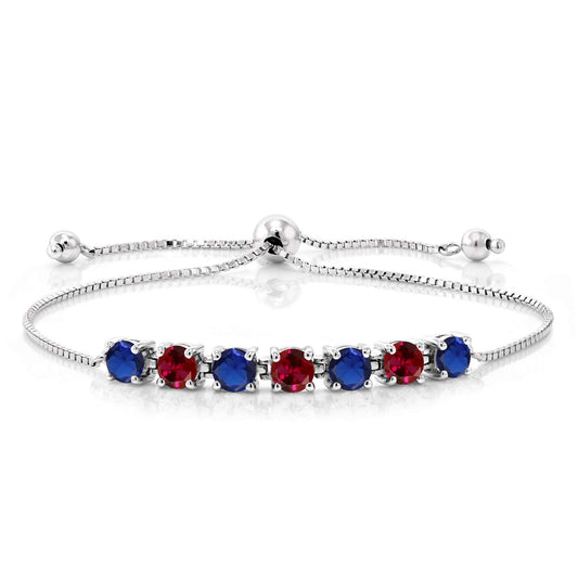 Gem Stone King 925 Sterling Silver Blue Created Sapphire and Red Created Ruby Tennis Bracelet For Women (2.60 Cttw, Fully Adjustable Up to 9 Inch)