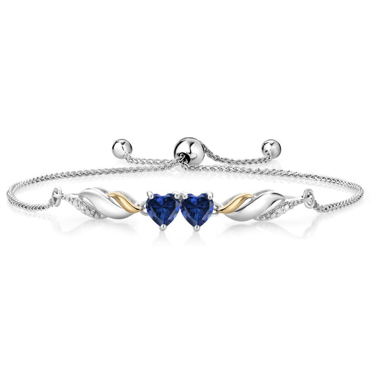 925 Sterling Silver and 10K Yellow Gold Blue Created Sapphire and White Lab Grown Diamond Tennis Bracelet For Women (1.02 Cttw, Gemstone Birthstone, Heart Shape 5MM, Fully Adjustable Up to 9 Inch)