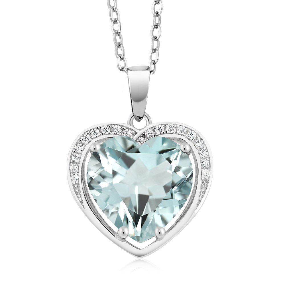 Gem Stone King 925 Sterling Silver Simulated Aquamarine Pendant Necklace For Women (3.00 Cttw, Heart Shape 10MM, With 18 Inch Silver Chain)