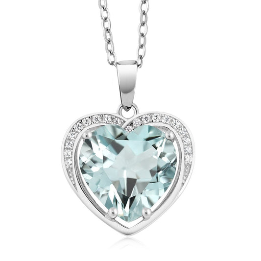 Gem Stone King 925 Sterling Silver Simulated Aquamarine Pendant Necklace For Women (3.00 Cttw, Heart Shape 10MM, With 18 Inch Silver Chain)