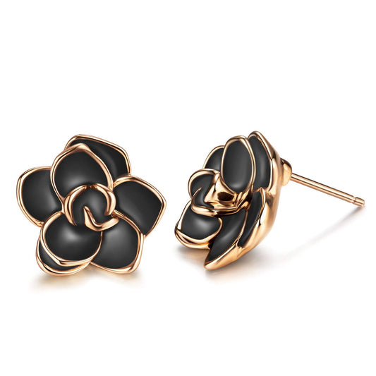 Flower Stud Earrings Hypoallergenic for Women - 18K Gold Plated Rose Earrings for Sensitive Ears, Nickel Free (Large Black)