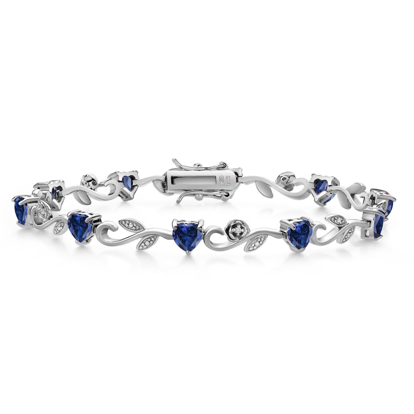 Gem Stone King 925 Sterling Silver Heart Shape Blue Created Sapphire and White Lab Grown Diamond Greek Vine Flower Tennis Bracelet For Women (5.04 Cttw, 7.5 Inch)