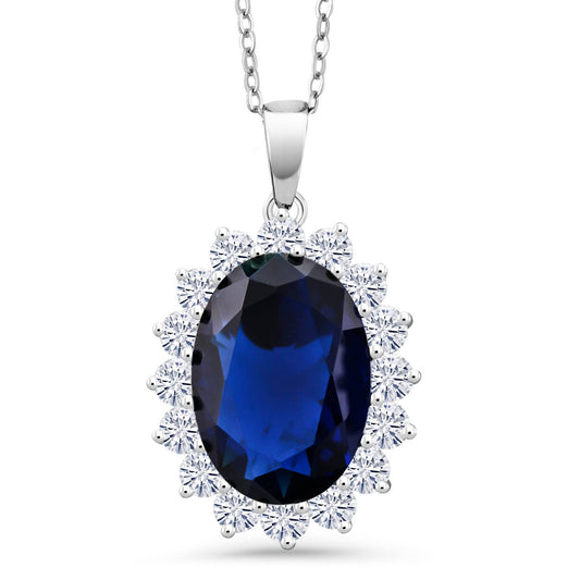 Gem Stone King 13.00 Cttw Blue Simulated Sapphire Pendant Necklace For Women | 925 Sterling Silver | Oval 13X18MM | Fine Jewelry Gifts for Her Mom Women Wife | With 18 Inch Silver Chain