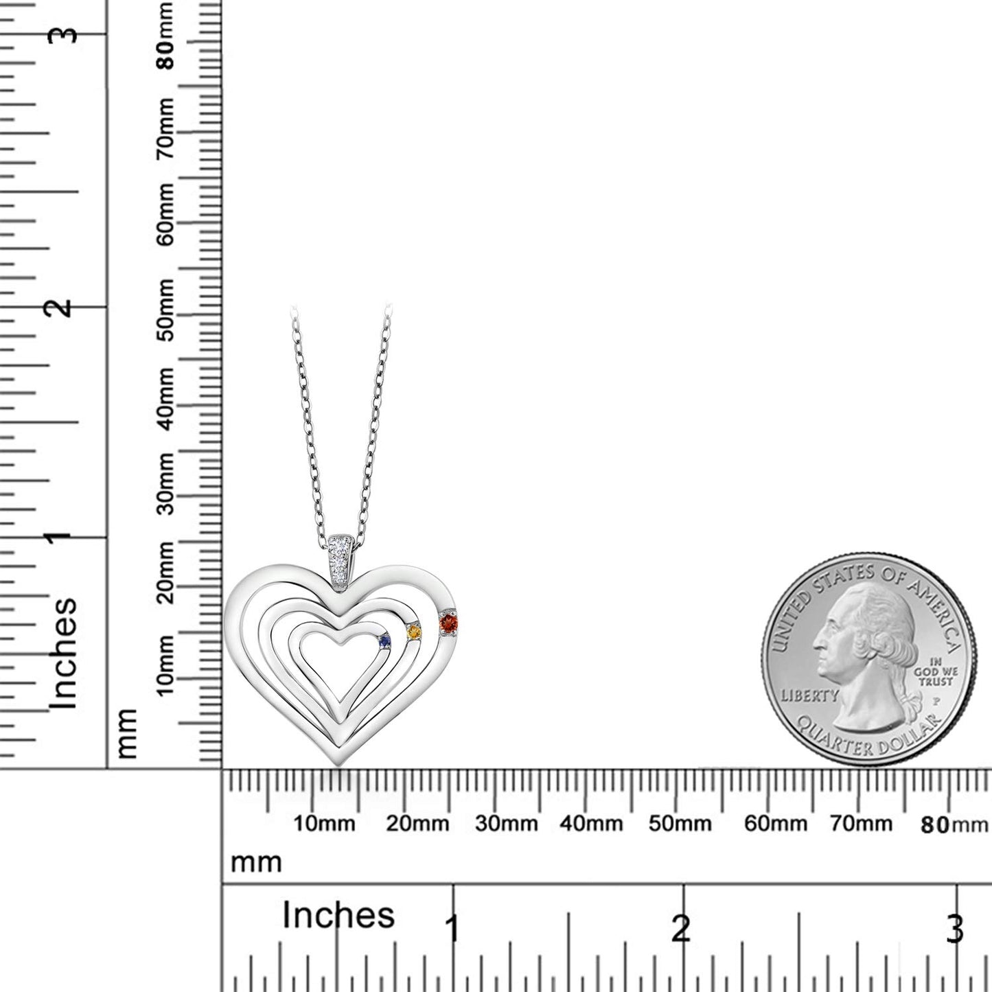 925 Sterling Silver Engraved Customized and Personalized 3-Stone Gemstone Birthstone and White Lab Grown Diamond Heart Pendant Necklace For Women By Keren Hanan with 18 Inch Silver Chain