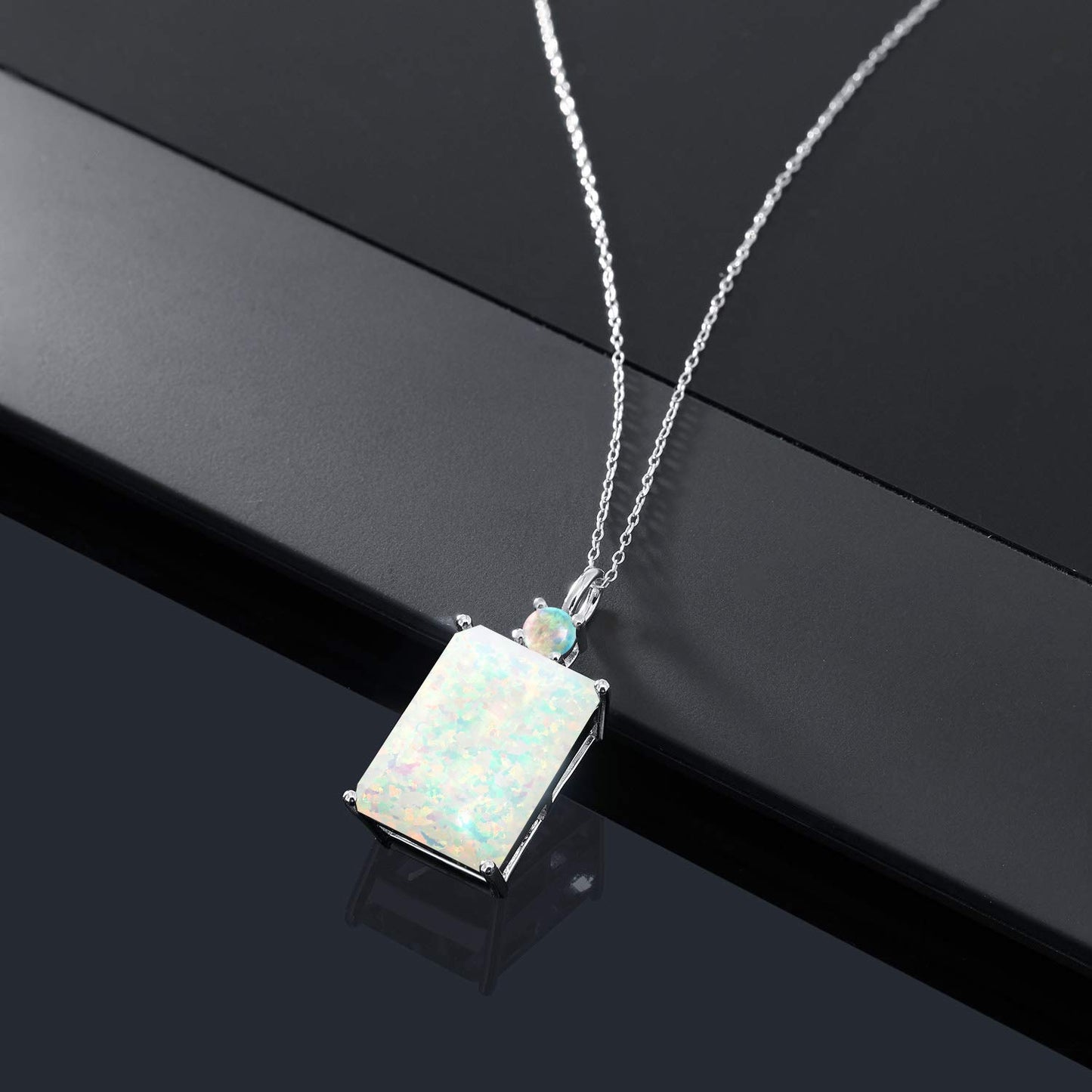 Gem Stone King 925 Sterling Silver White Opal Pendant Necklace For Women (4.91 Cttw, Emerald Cut Cabochon 18X13MM, With 18 Inch Silver Chain)