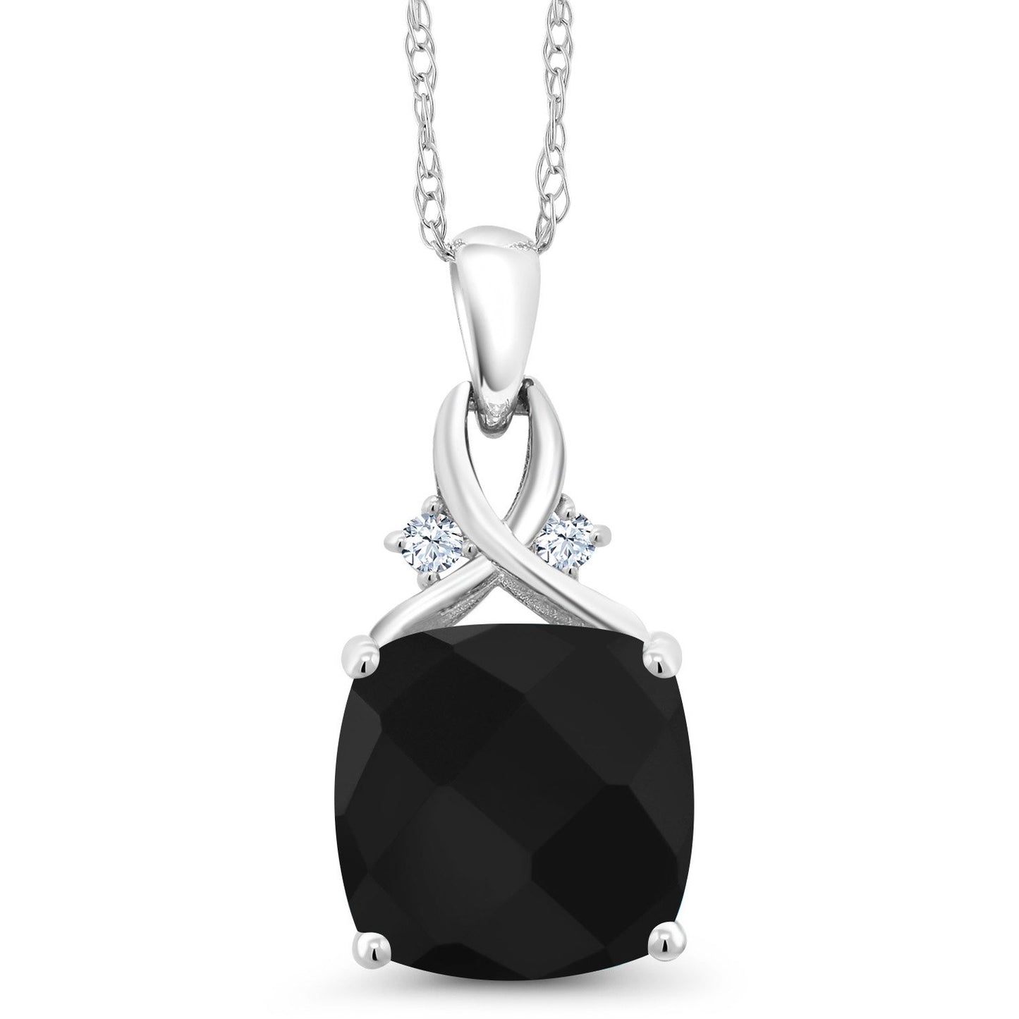 Gem Stone King 10K White Gold Black Onyx Pendant Necklace For Women (3.68 Cttw, Gemstone December Birthstone, Cushion Checkerboard Cut 10MM, with 18 Inch Chain)