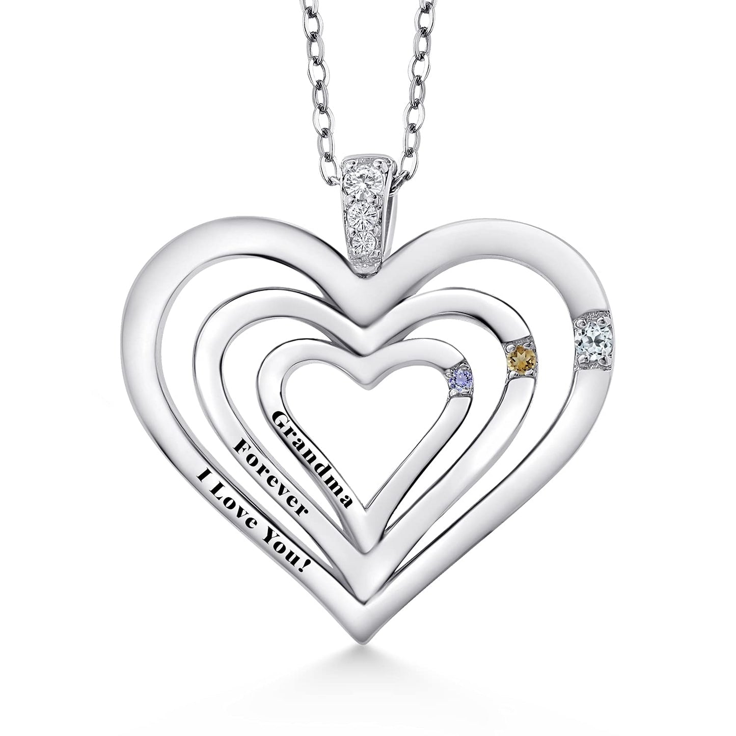 925 Sterling Silver Engraved Customized and Personalized 3-Stone Gemstone Birthstone and White Lab Grown Diamond Heart Pendant Necklace For Women By Keren Hanan with 18 Inch Silver Chain