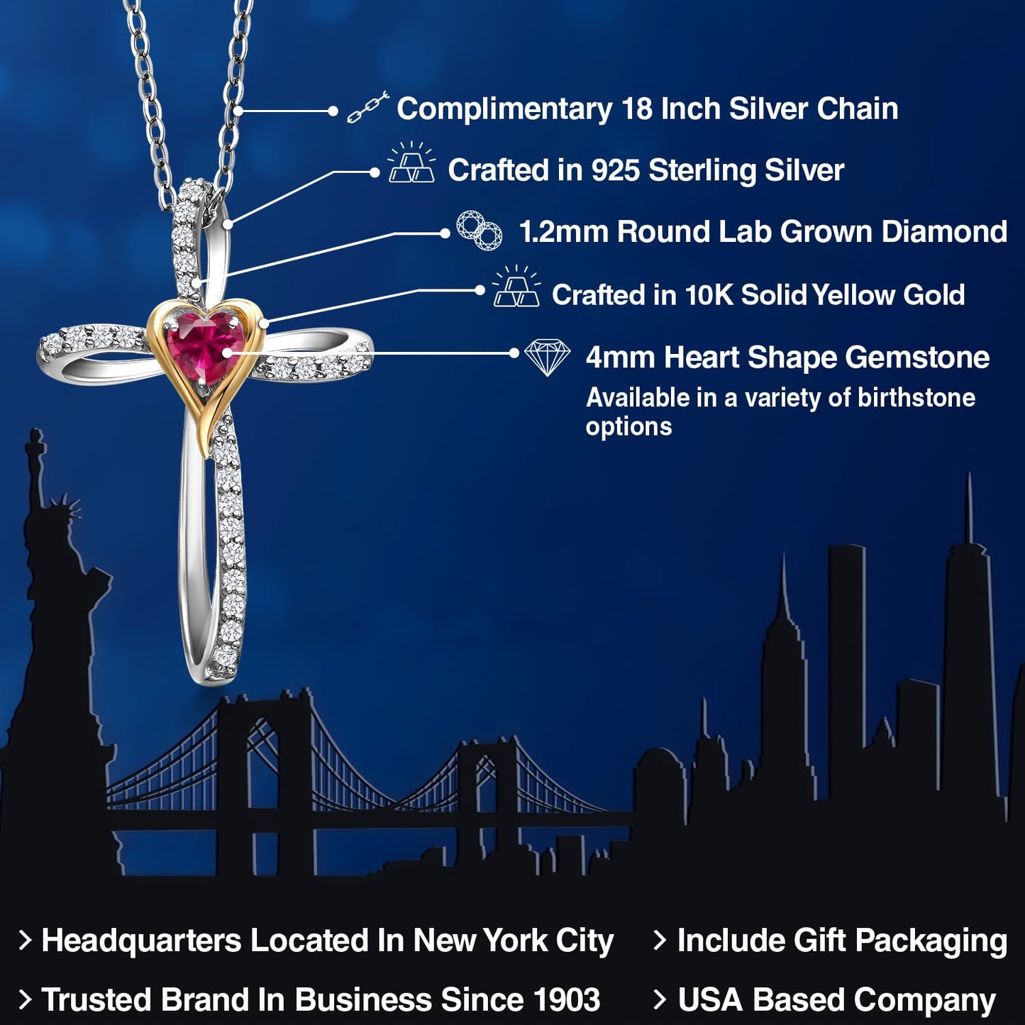 Gem Stone King Cross Necklace For Women | 925 Silver and 10K Yellow Gold 4MM Heart Shape Gemstone Birthstone and White Lab Grown Diamond Cross Pendant Necklace For Women