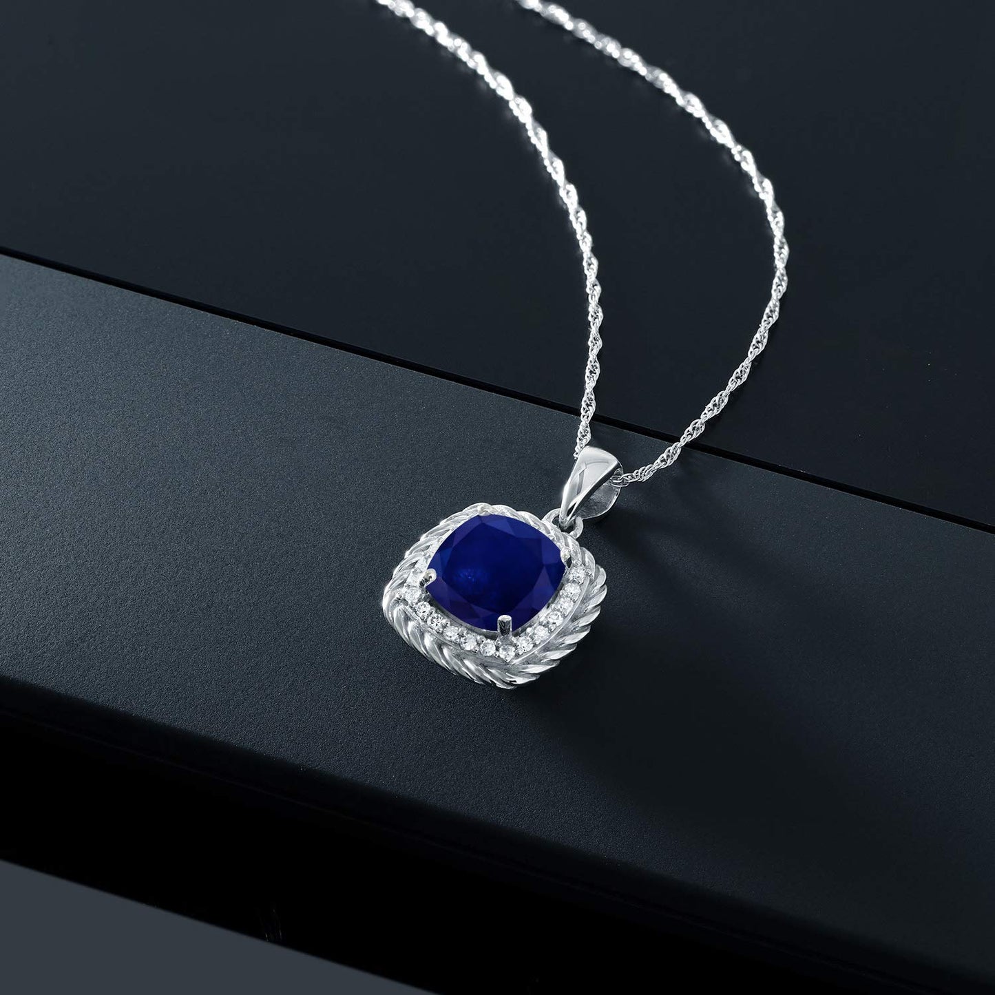 Gem Stone King 10K White Gold 7MM Cushion Gemstone Birthstone and White Diamond Halo Pendant Necklace | Gold Necklace For Women | With 18 Inch Chain