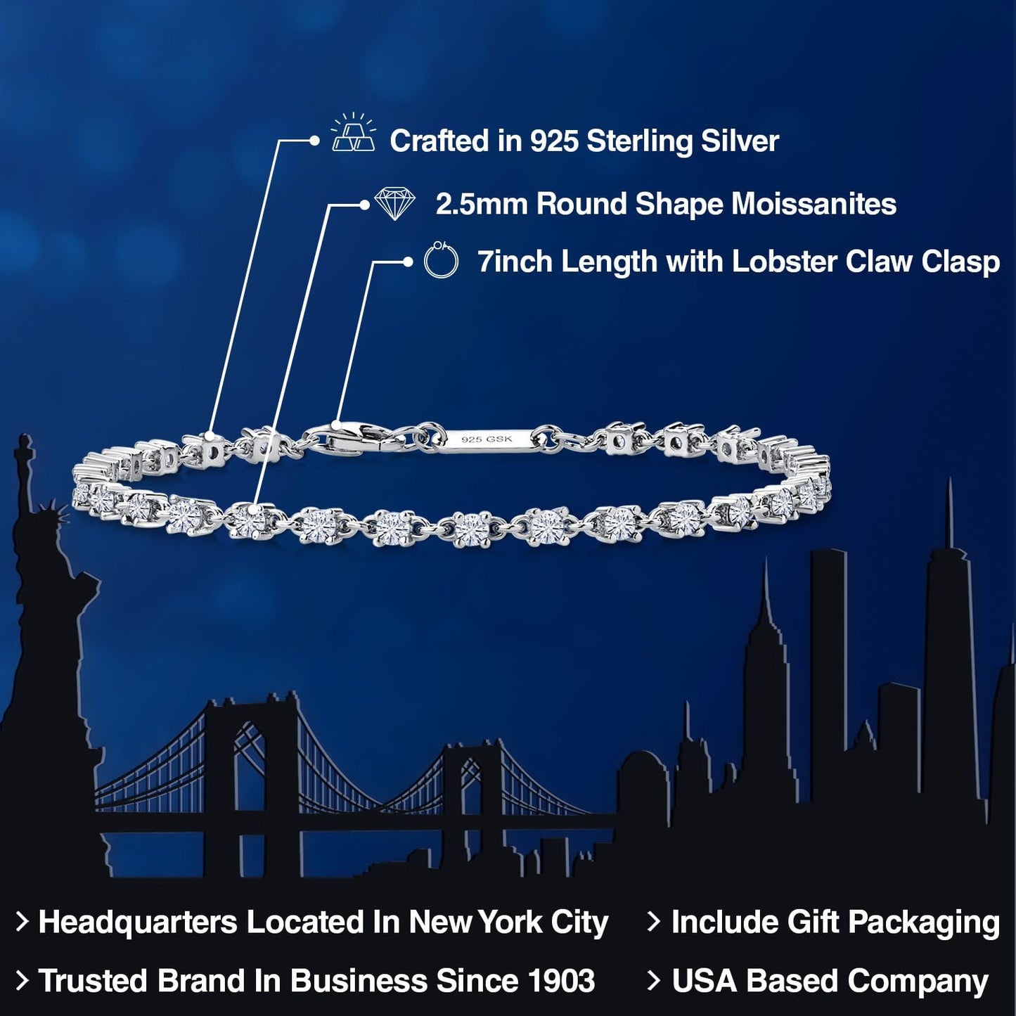 Gem Stone King White Moissanite Tennis Bracelet For Women | 925 Sterling Silver | 1.76 Cttw | Round 2.5MM | 7 Inch | Fine Jewelry Gifts for Her Mom Women Wife