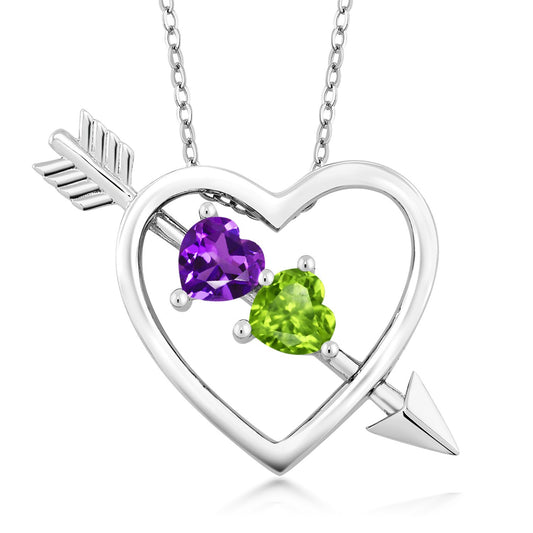 Gem Stone King 925 Sterling Silver Purple Amethyst and Green Peridot Heart and Arrow Women's Pendant Necklace For Women (0.90 Cttw, with 18 Inch Silver Chain)