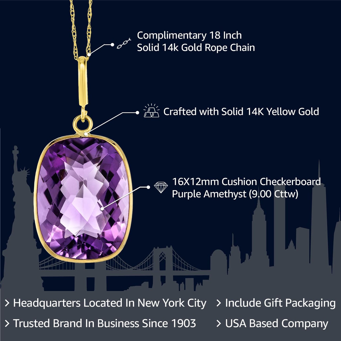 Gem Stone King 9.00 Cttw 14K Yellow Gold Purple Amethyst Pendant Necklace For Women | With 18 Inch Solid 14k Gold Chain | Gemstone Birthstone | Cushion Checkerboard 16X12MM