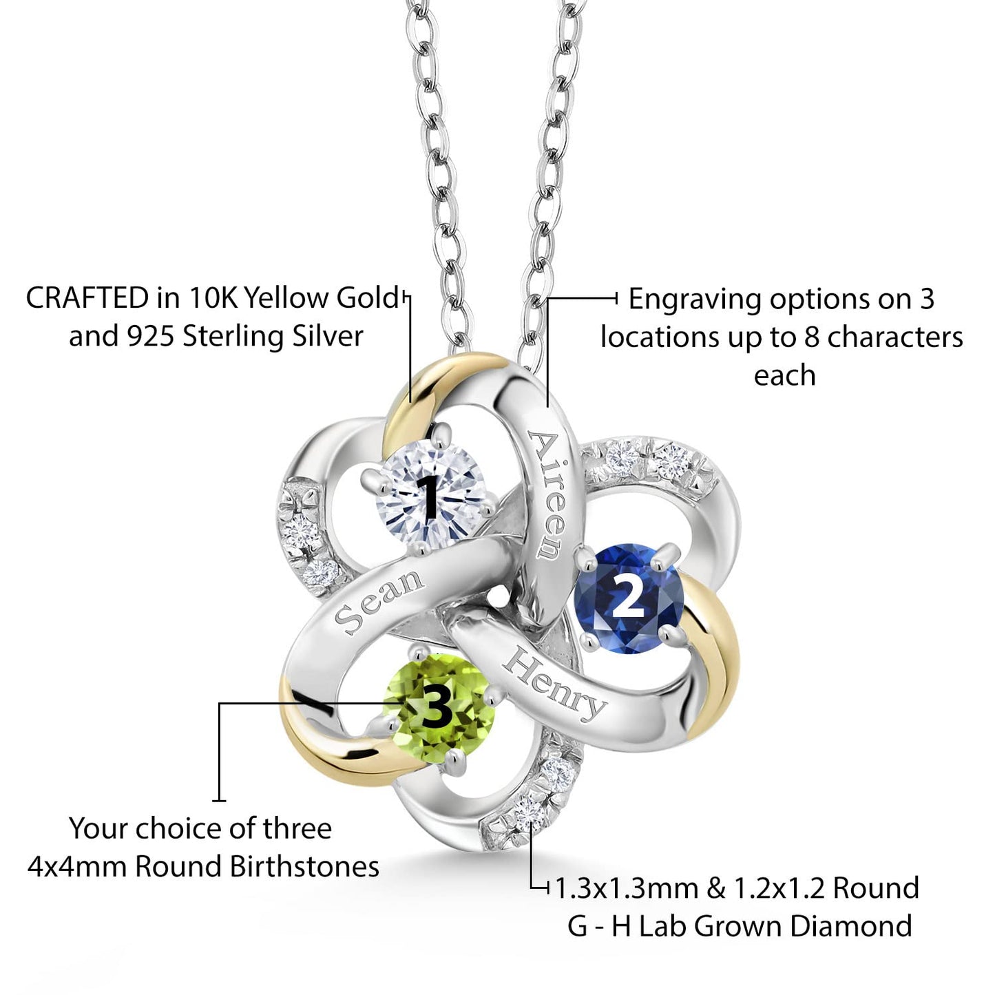 Gem Stone King Build Your Own Personalized and Customized 3-Stone Gemstone Birthstones Engraved 925 Sterling Silver and 10K Yellow Gold Lab Grown Diamond Pendant Necklace For Women with 18-Inch Chain