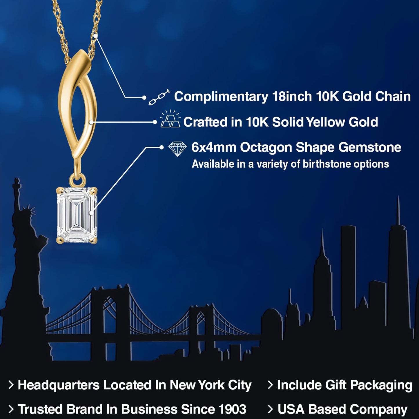 Gem Stone King 10K Yellow Gold 6X4MM Emerald Cut Pendant Necklace for Women | Gold Necklace For Women | With 18 Inch Gold Chain | Fine Jewelry Gifts for Her Mom Women Wife