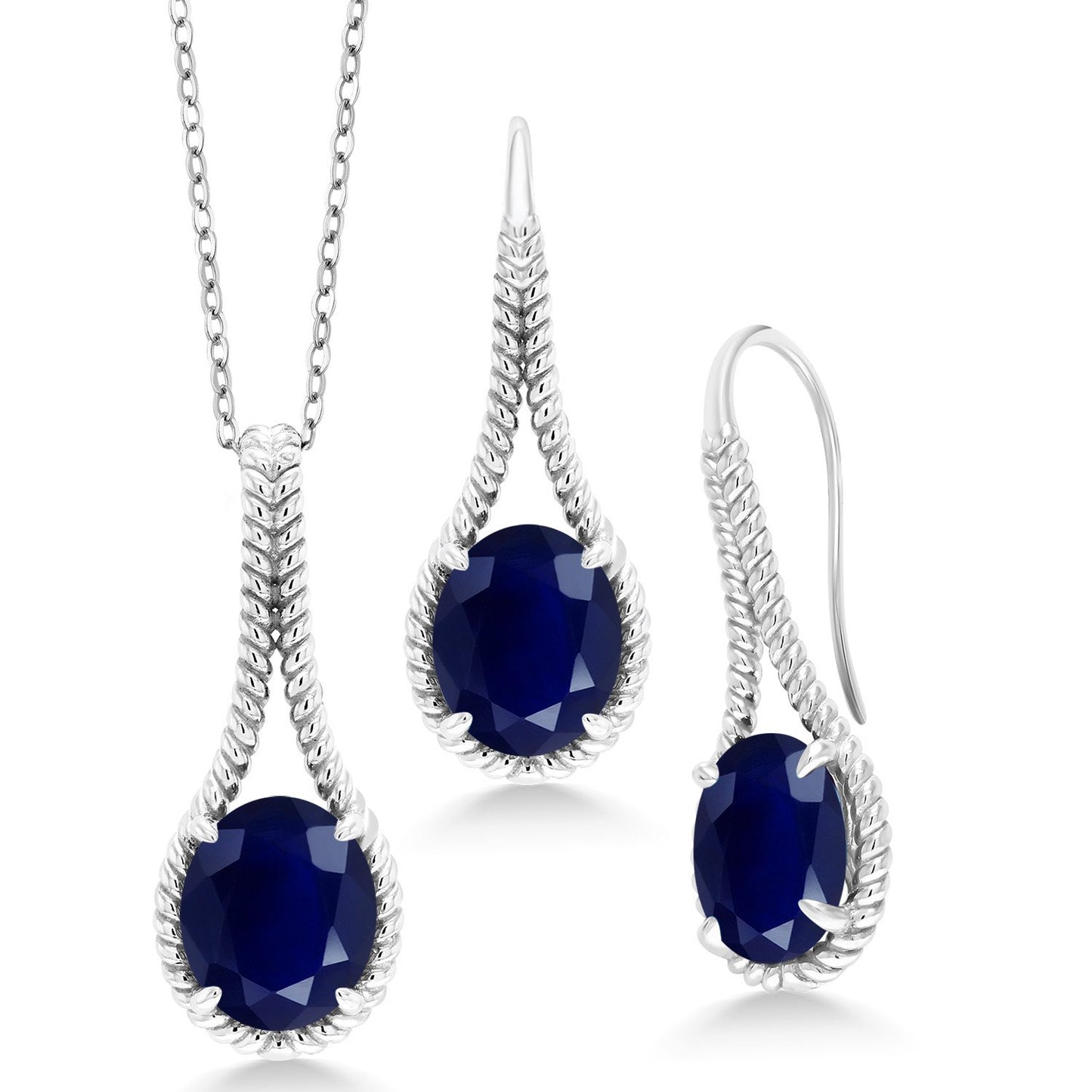 Gem Stone King 15.00 Cttw Blue Sapphire Pendant and Earrings Jewelry Set For Women In 925 Sterling Silver | Gemstone Birthstone | Oval 12X10MM | With 18 inch Silver Chain