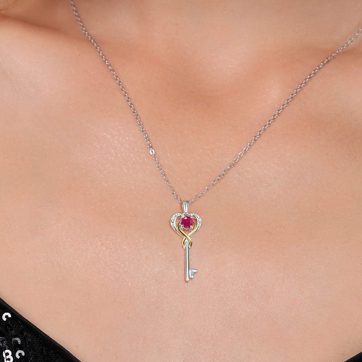 Gem Stone King Heart Key Necklace For Women | 4MM Round Gemstone Birthstone and Lab Grown Diamond | 925 Sterling Silver and 10K Yellow Gold | Love Pendant Necklace | With 18 Inch Chain