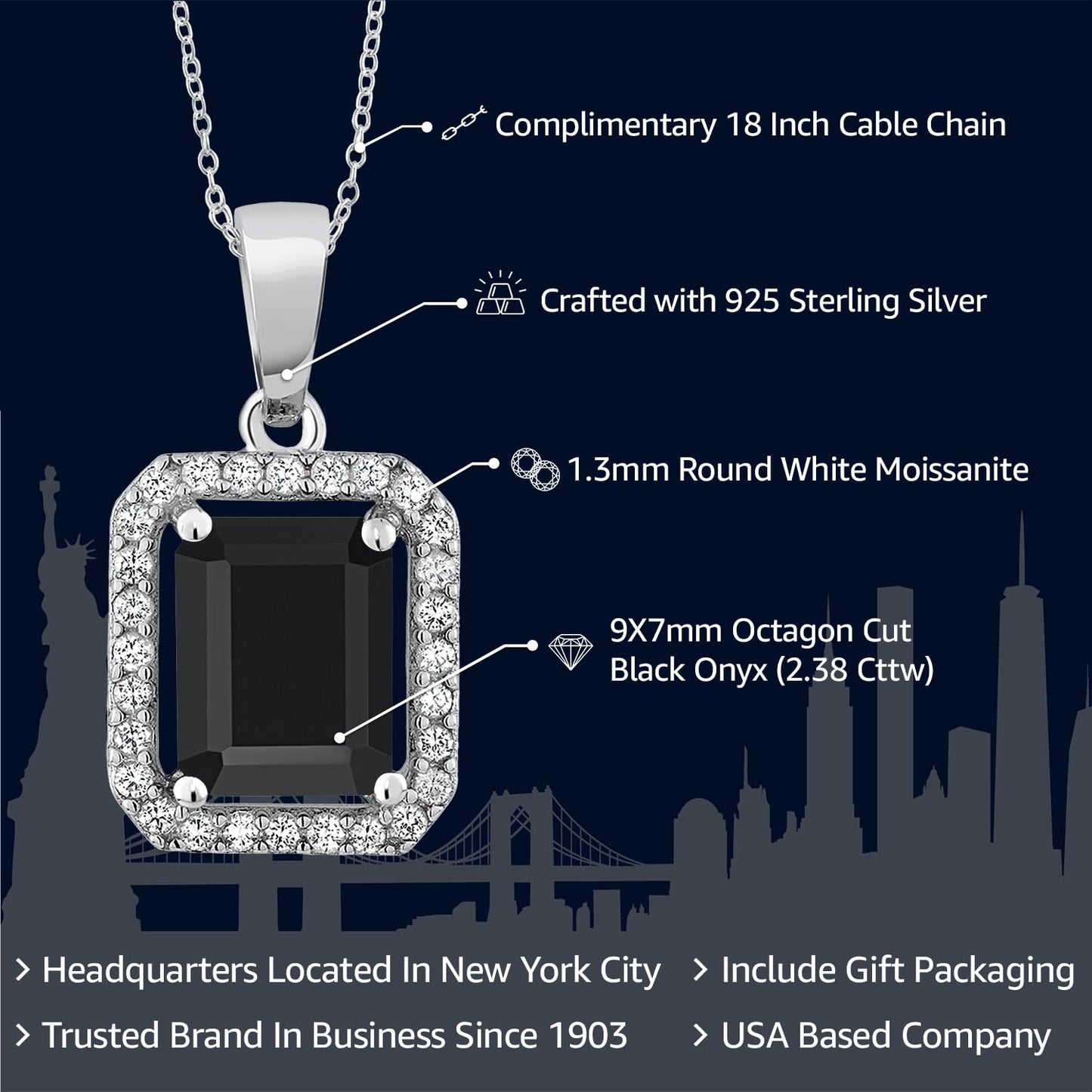 Gem Stone King 9X7MM Emerald Cut Gemstone Birthstone and White Moissanite Halo Pendant Necklace For Women | 925 Sterling Silver | With 18 Inch Silver Chain