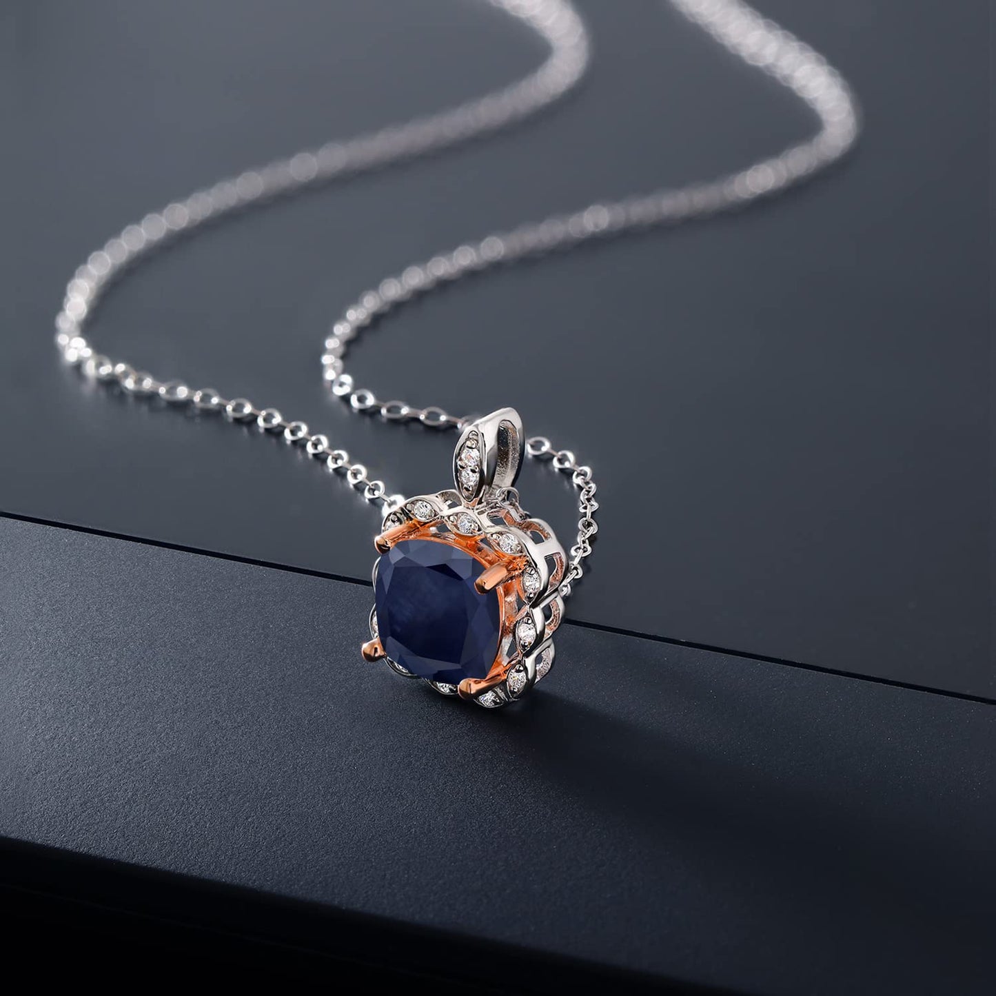 Gem Stone King 925 Sterling Silver Blue Sapphire Pendant Necklace For Women (2.99 Cttw, Cushion 8MM, with 18 Inch Chain) Blue and White