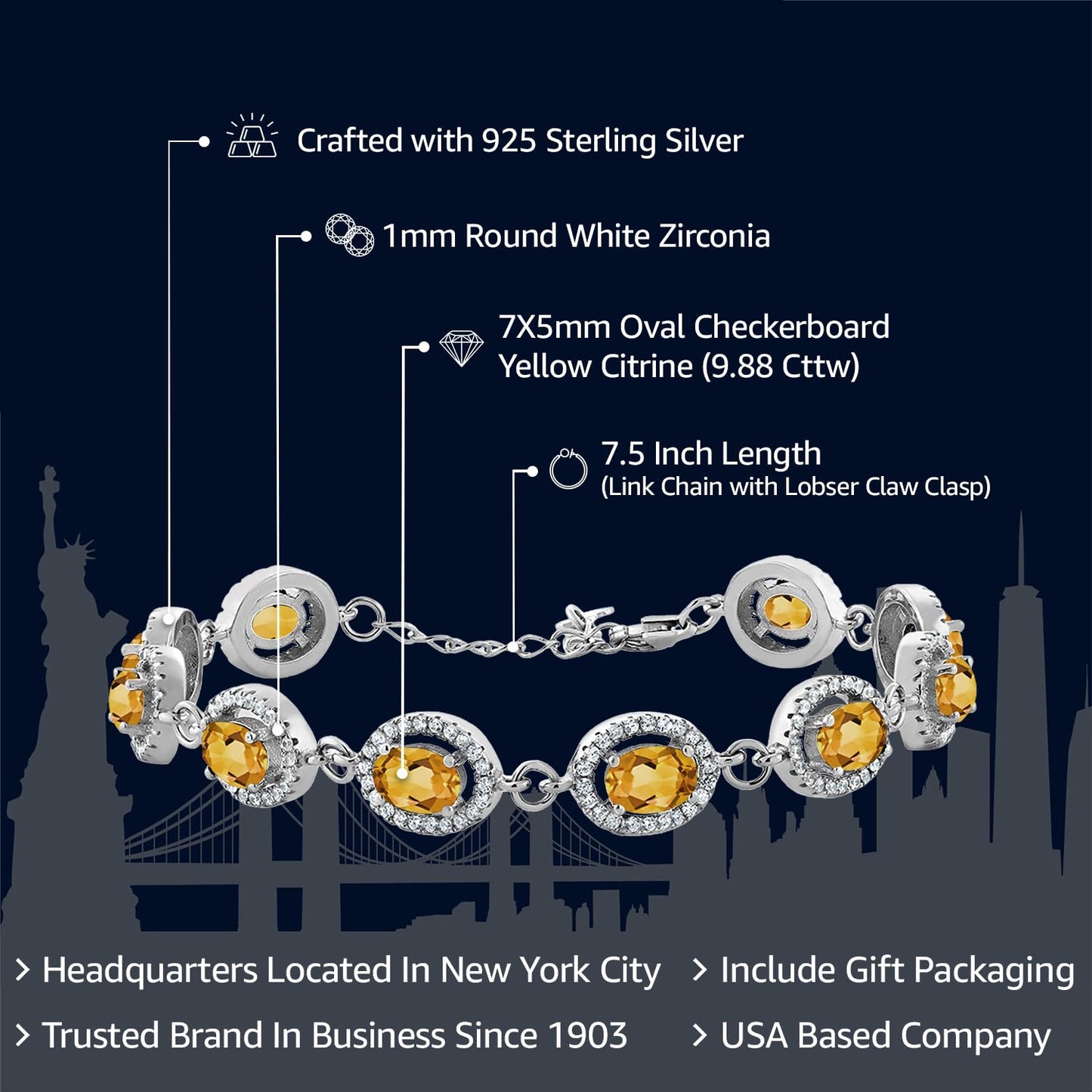 Gem Stone King 9.88 Cttw Yellow Citrine Tennis Bracelet For Women In 925 Sterling Silver | 7X5MM Oval Checkerboard Cut | Gemstone November Birthstone | 7.5 Inch