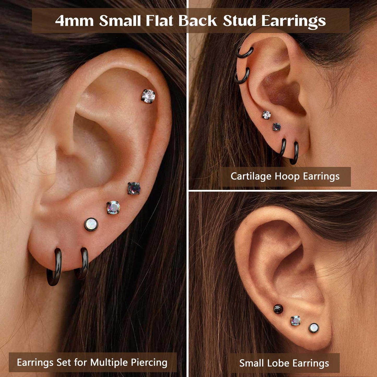 Jstyle Surgical Steel Earrings for Sensitive Ears Hypoallergenic 20G Stainless Stud Hoop Earrings for Women Men Small Ball Opal CZ Surgical Steel Flat Back Earrings Cartilage Hoop Earrings Black Tone