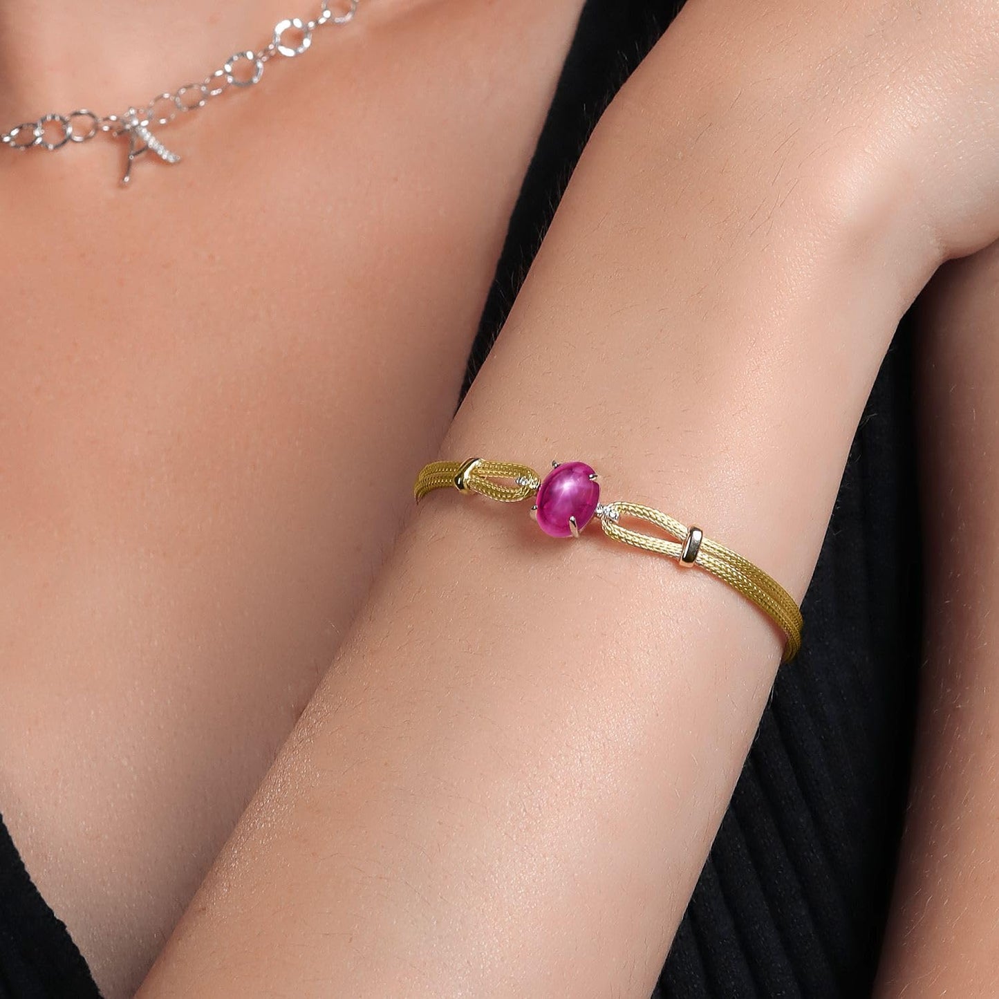 Gem Stone King 18K Gold Plated Two Tone Silver Personalized Customized Red Created Star Ruby & Lab Grown Diamond Bracelet For Women | 6.5/7/7.5 Inches | Made In Italy