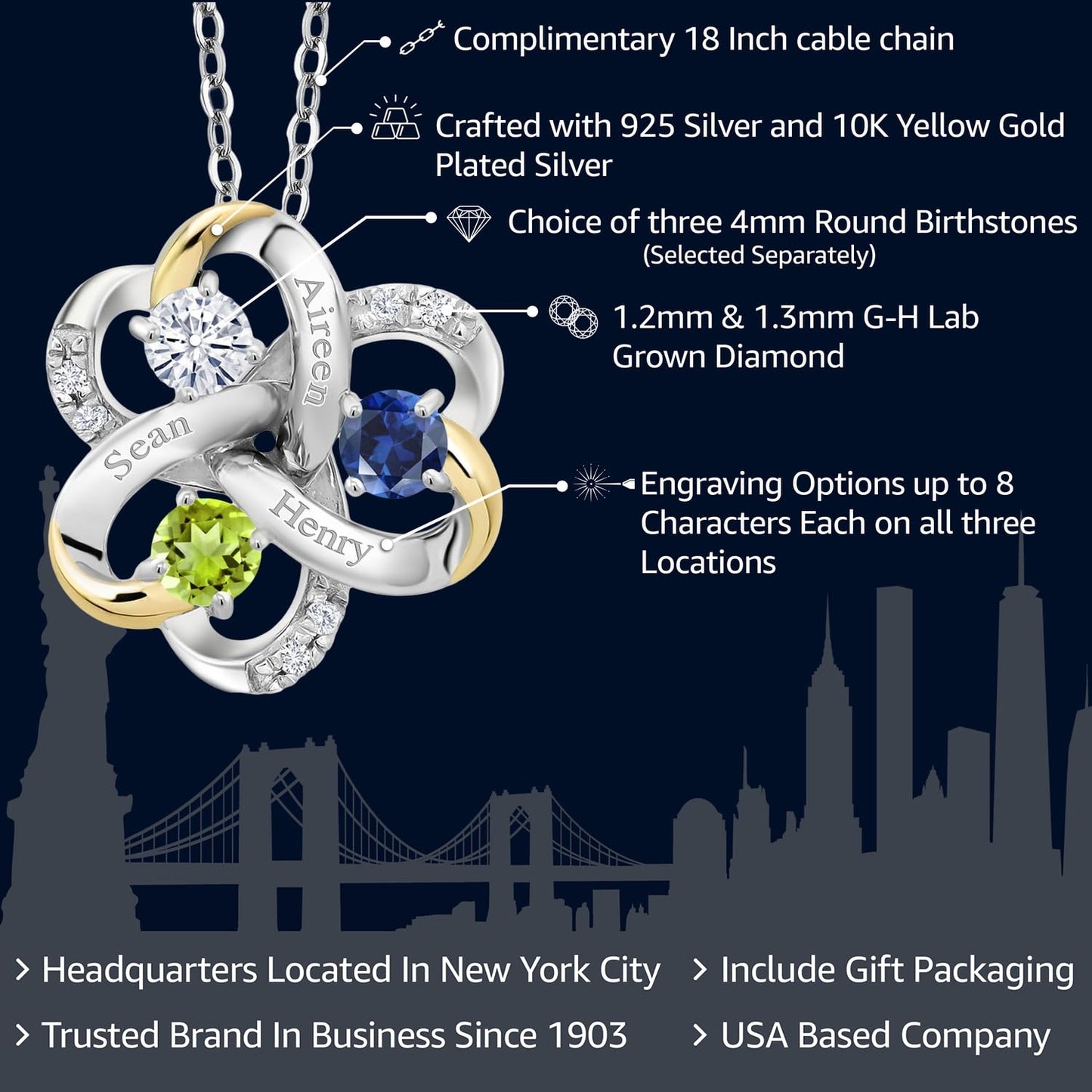 Gem Stone King Build Your Own Personalized and Customized 3-Stone Gemstone Birthstones Engraved 925 Sterling Silver and 10K Yellow Gold Lab Grown Diamond Pendant Necklace For Women with 18-Inch Chain